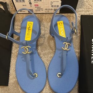 CHANEL Blue T-Strap Sandals with Gold Accents
